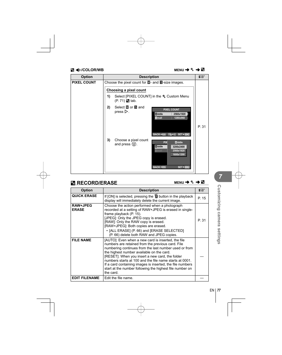 Y record/erase | Olympus E-PL1 User Manual | Page 77 / 124