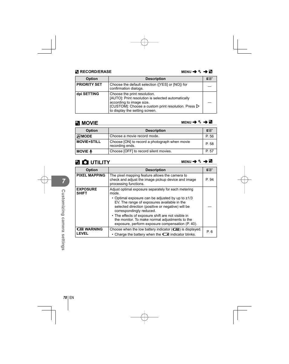 Z movie, B k utility | Olympus E-PL1 User Manual | Page 78 / 124