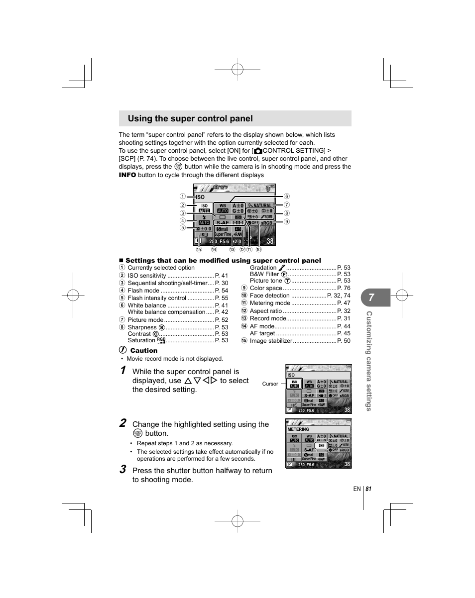 Using the super control panel, Change the highlighted setting using the i button | Olympus E-PL1 User Manual | Page 81 / 124