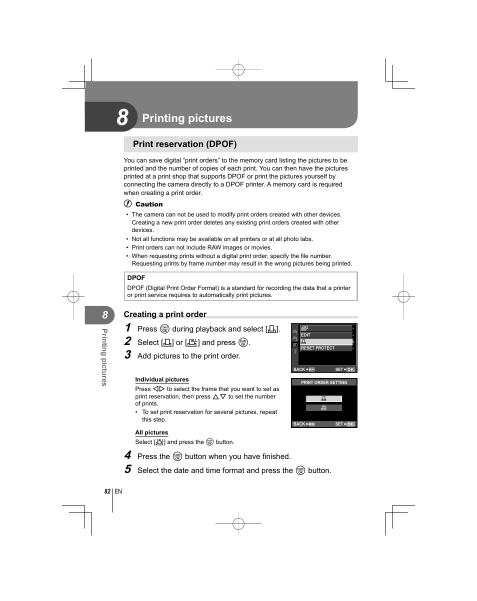 Printing pictures | Olympus E-PL1 User Manual | Page 82 / 124