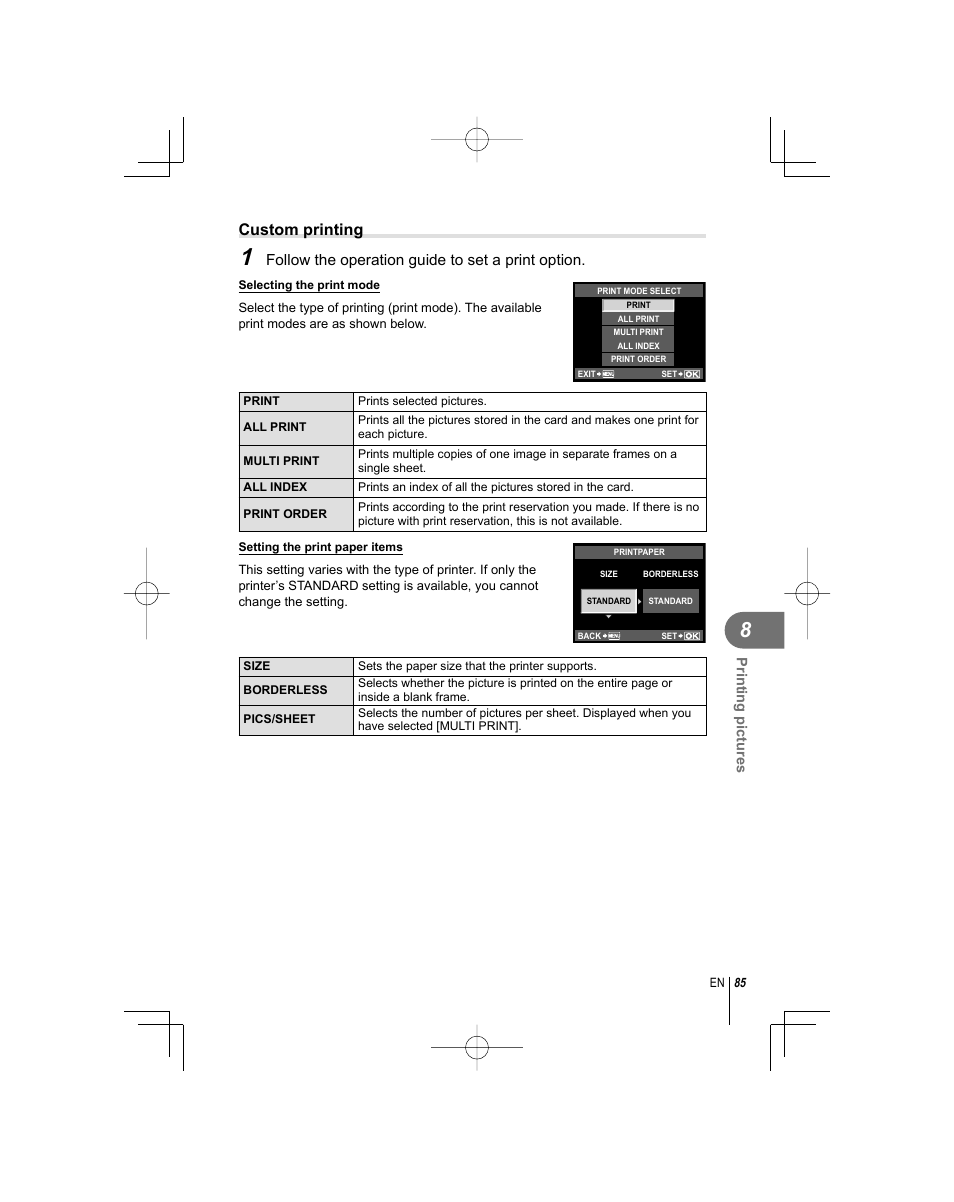 Custom printing, Follow the operation guide to set a print option | Olympus E-PL1 User Manual | Page 85 / 124