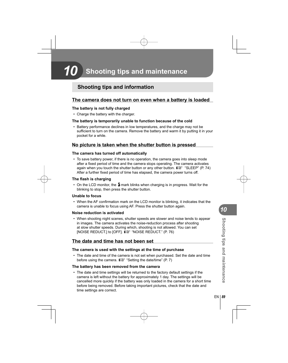 Shooting tips and maintenance, Shooting tips and information | Olympus E-PL1 User Manual | Page 89 / 124