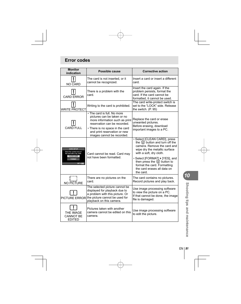 Error codes | Olympus E-PL1 User Manual | Page 91 / 124