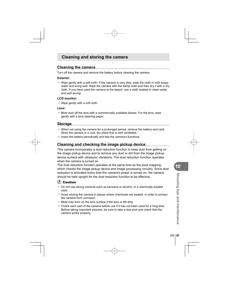 Cleaning and storing the camera | Olympus E-PL1 User Manual | Page 93 / 124
