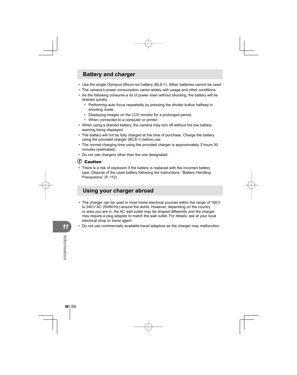 Battery and charger, Using your charger abroad | Olympus E-PL1 User Manual | Page 96 / 124