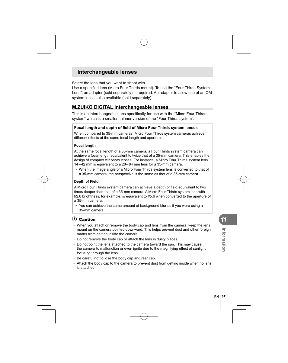Interchangeable lenses, M.zuiko digital interchangeable lenses | Olympus E-PL1 User Manual | Page 97 / 124