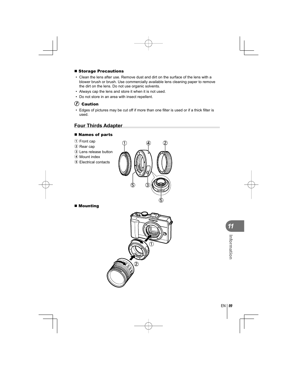 Four thirds adapter | Olympus E-PL1 User Manual | Page 99 / 124