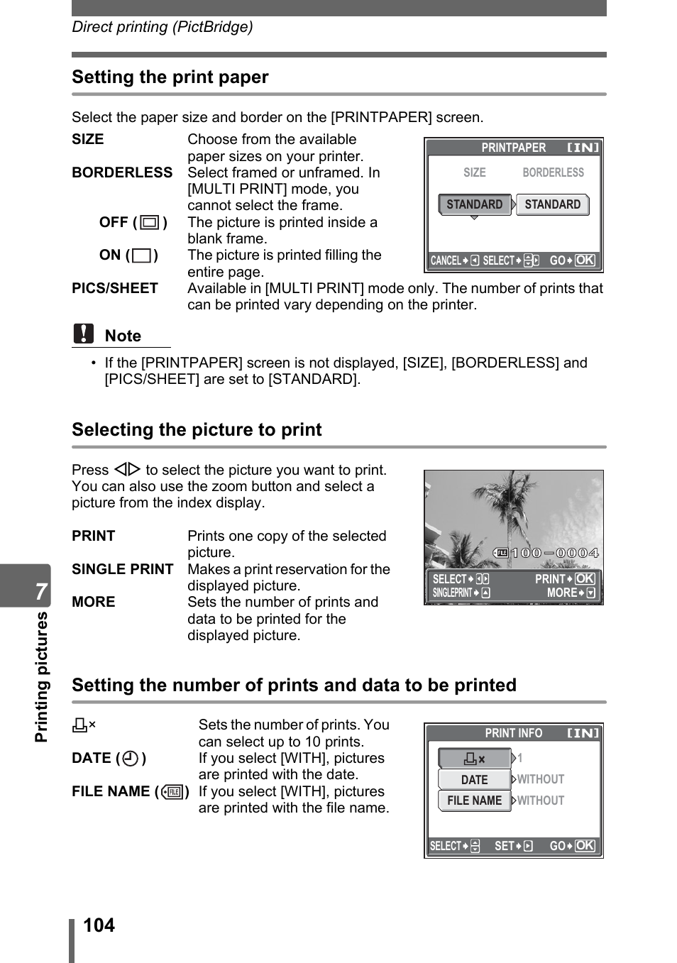 Setting the print paper, Selecting the picture to print | Olympus Stylus 800 Digital User Manual | Page 104 / 166
