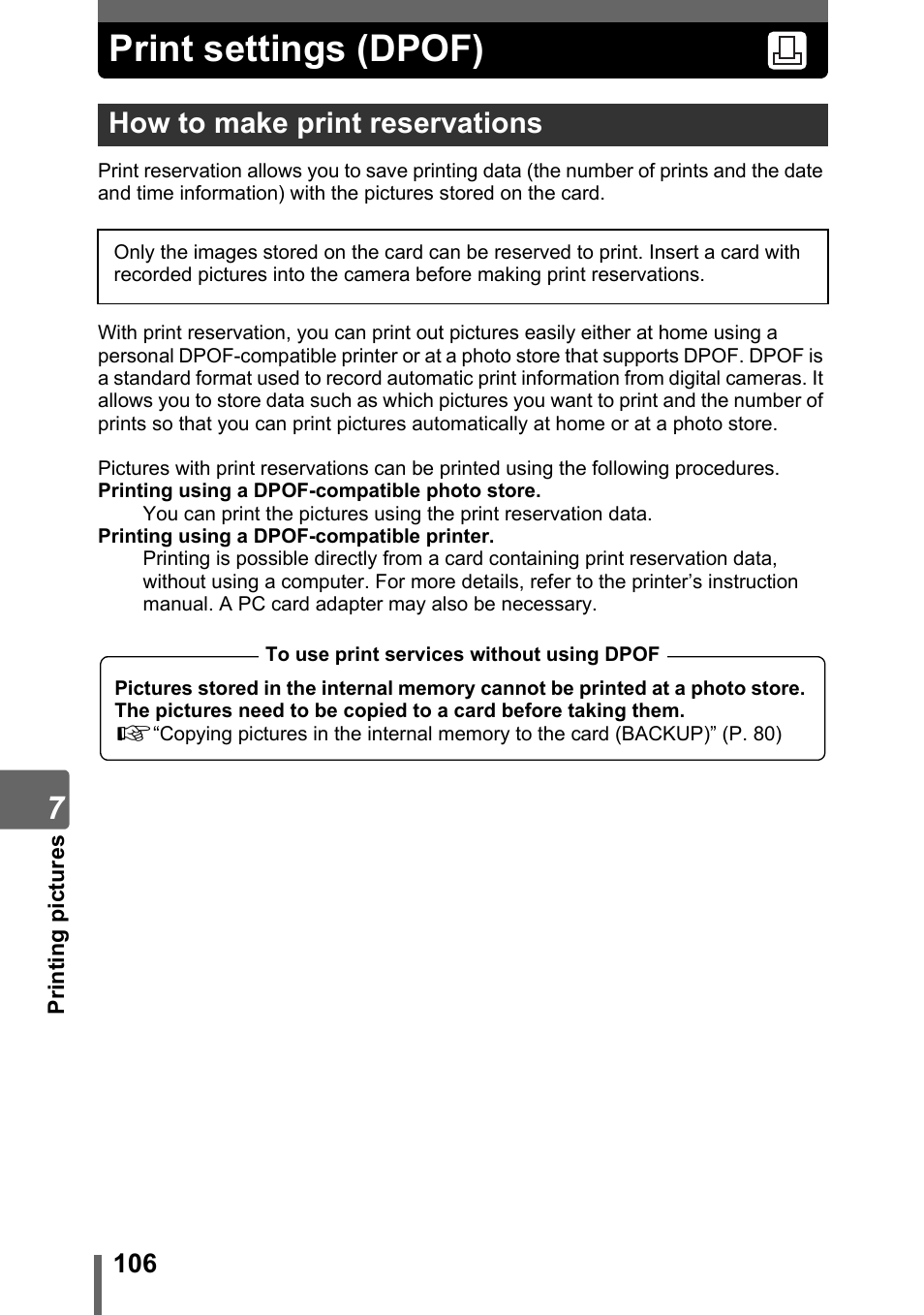 Print settings (dpof), How to make print reservations, P. 106 | Print settings, Dpof)” (p. 106) | Olympus Stylus 800 Digital User Manual | Page 106 / 166