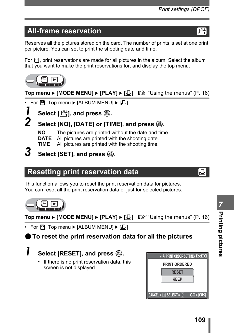 All-frame reservation, Resetting print reservation data | Olympus Stylus 800 Digital User Manual | Page 109 / 166