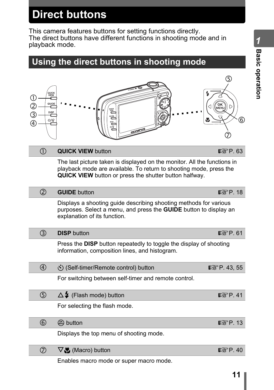 Direct buttons, Using the direct buttons in shooting mode, Direct buttons” (p. 11) | Using the direct buttons in shooting mode c | Olympus Stylus 800 Digital User Manual | Page 11 / 166