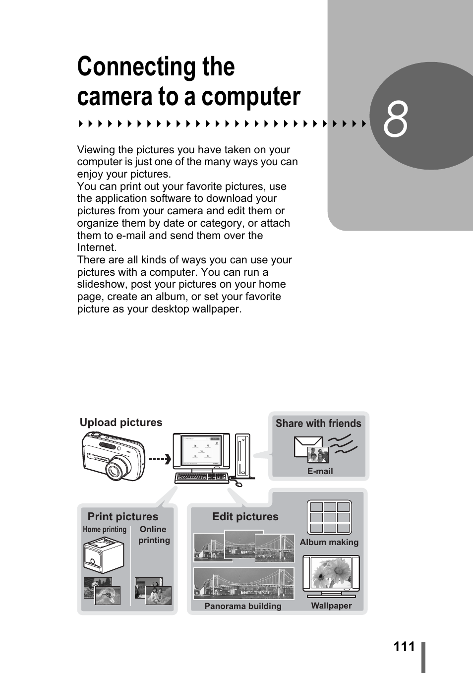 8 connecting the camera to a computer, Connecting the camera, To a computer | P. 111, Connecting the camera to a computer | Olympus Stylus 800 Digital User Manual | Page 111 / 166