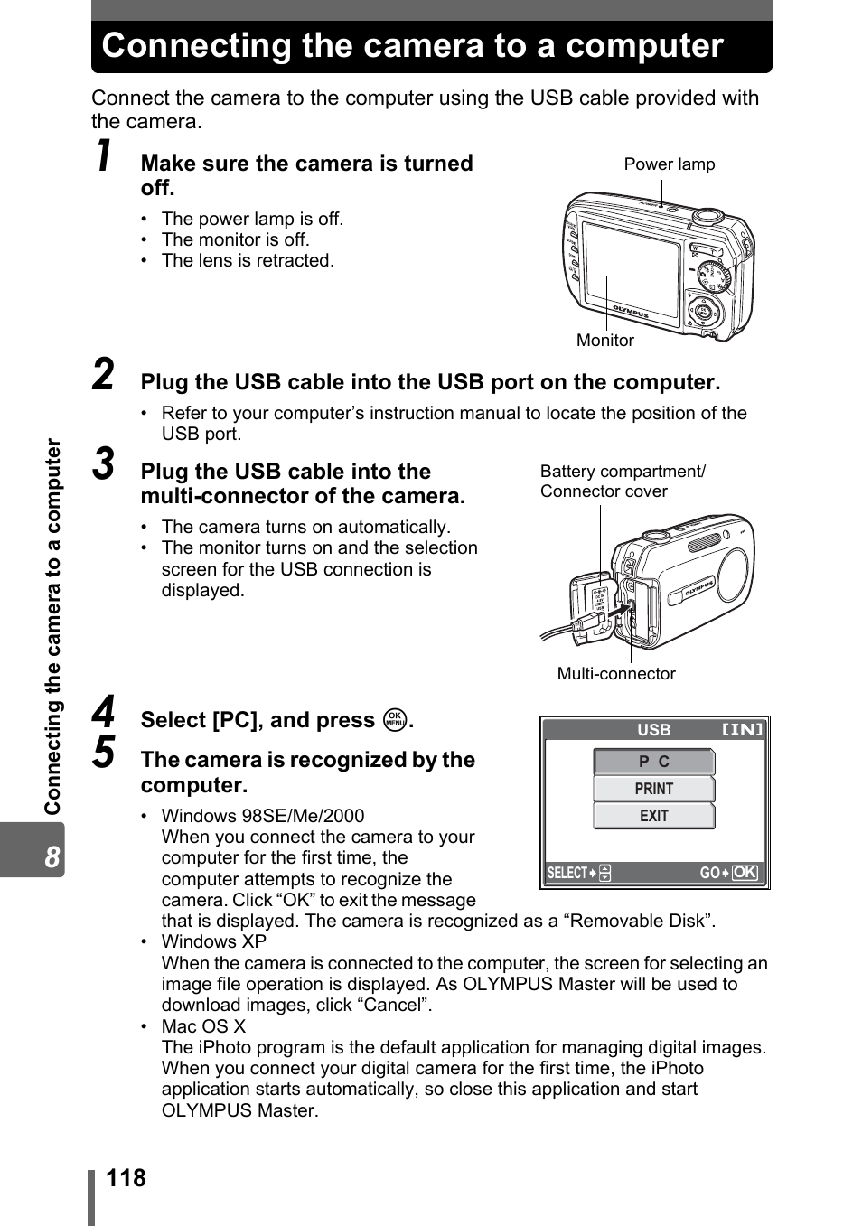 Connecting the camera to a computer, Gp. 118 | Olympus Stylus 800 Digital User Manual | Page 118 / 166