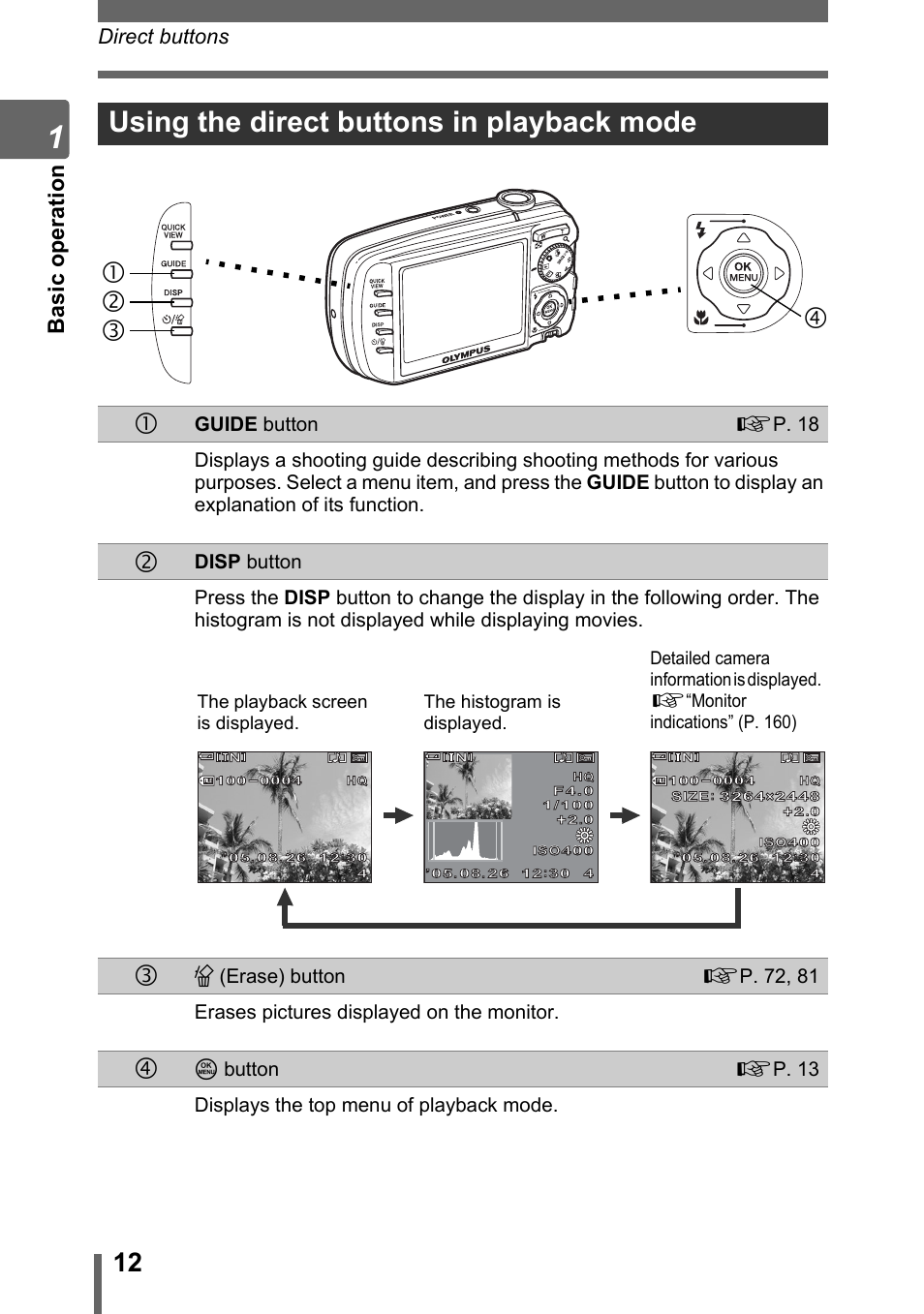 Using the direct buttons in playback mode, Using the direct buttons in playback mode c, Cd f e | Basi c operati o n, Direct buttons | Olympus Stylus 800 Digital User Manual | Page 12 / 166