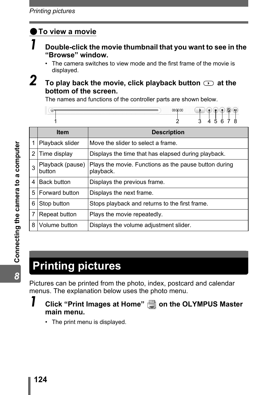 Printing pictures | Olympus Stylus 800 Digital User Manual | Page 124 / 166