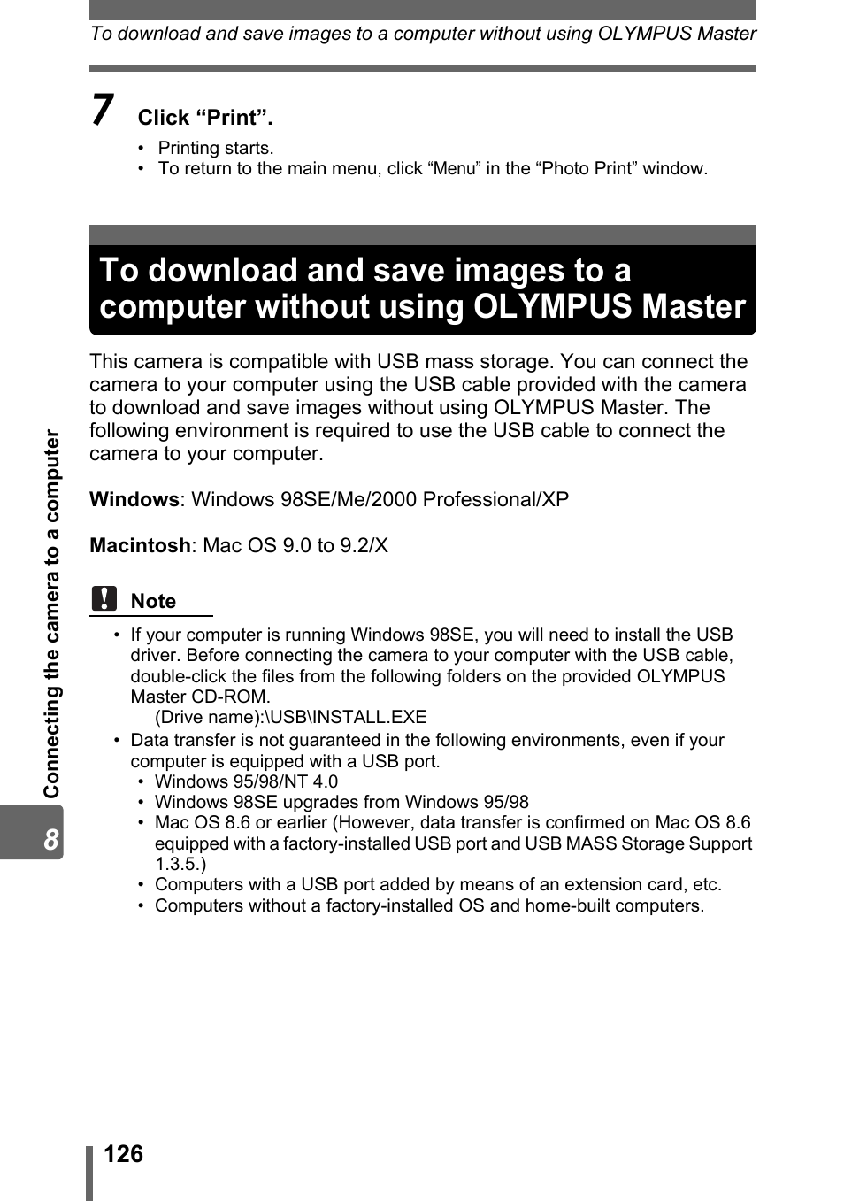 To download and save images to a computer without, Using olympus master | Olympus Stylus 800 Digital User Manual | Page 126 / 166
