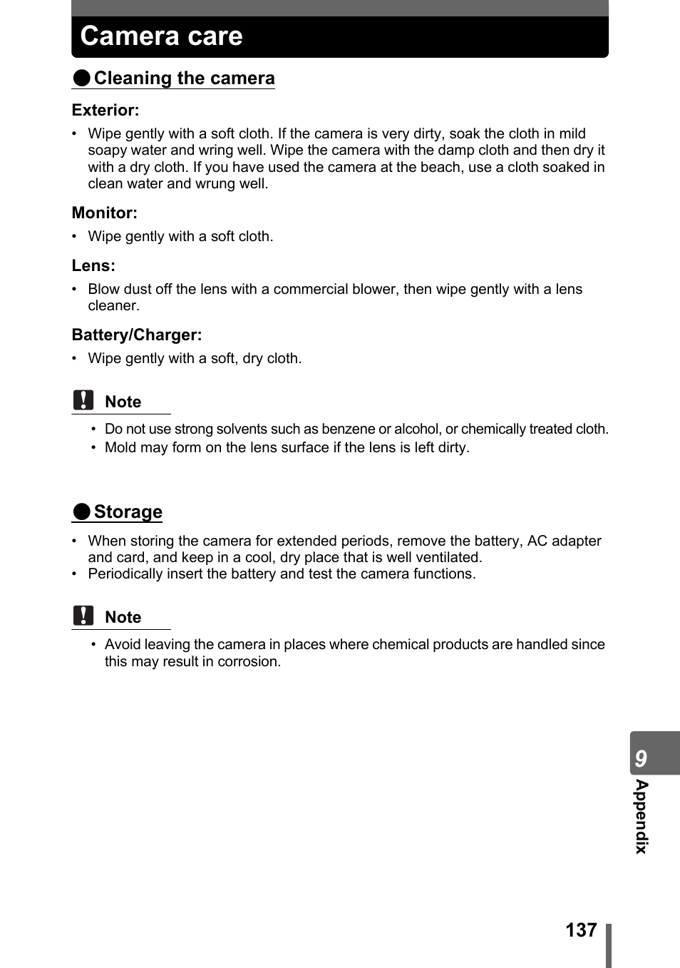 Camera care, P. 137 | Olympus Stylus 800 Digital User Manual | Page 137 / 166