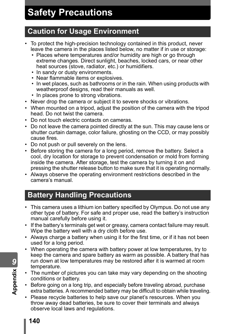 Safety precautions | Olympus Stylus 800 Digital User Manual | Page 140 / 166