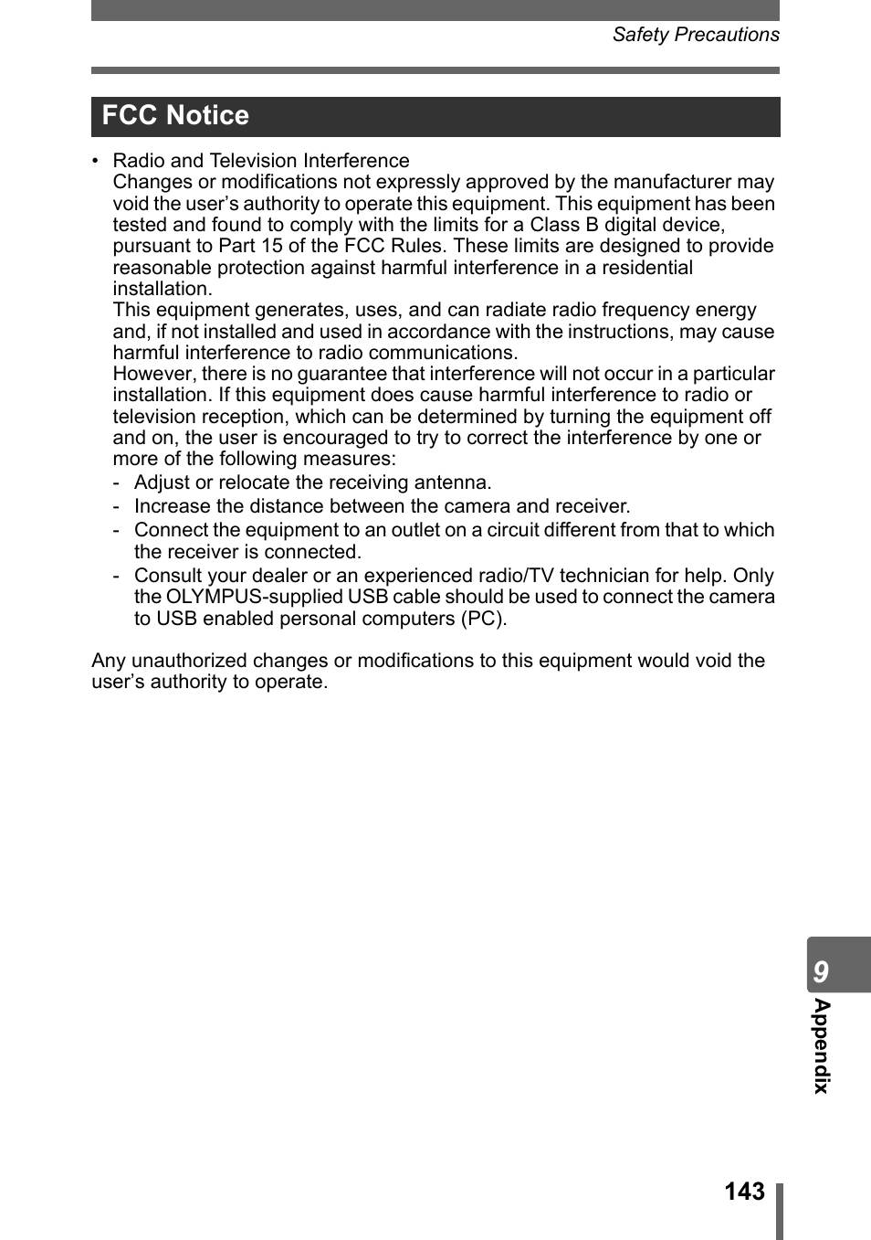 Fcc notice | Olympus Stylus 800 Digital User Manual | Page 143 / 166
