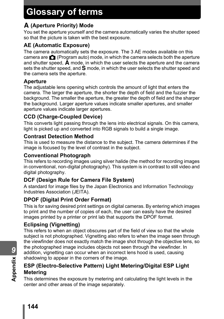 Glossary of terms | Olympus Stylus 800 Digital User Manual | Page 144 / 166