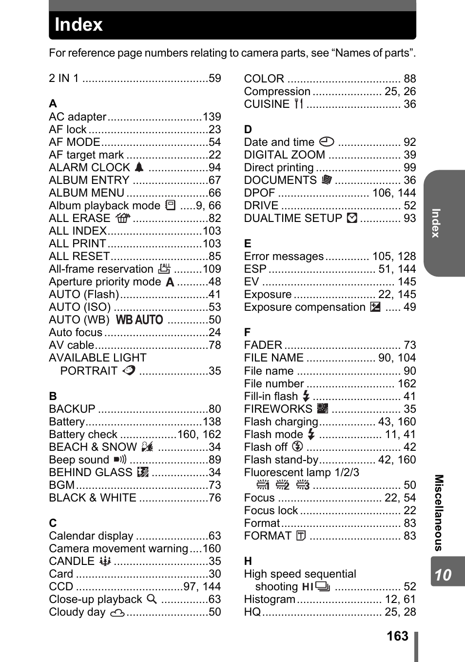 Index | Olympus Stylus 800 Digital User Manual | Page 163 / 166