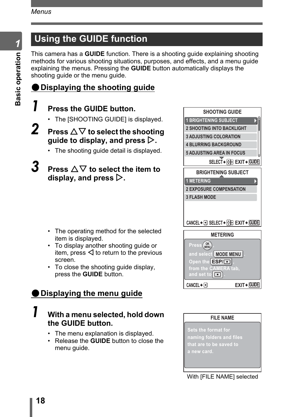 Using the guide function, P. 18, Gp. 18 | Displaying the shooting guide, Displaying the menu guide | Olympus Stylus 800 Digital User Manual | Page 18 / 166