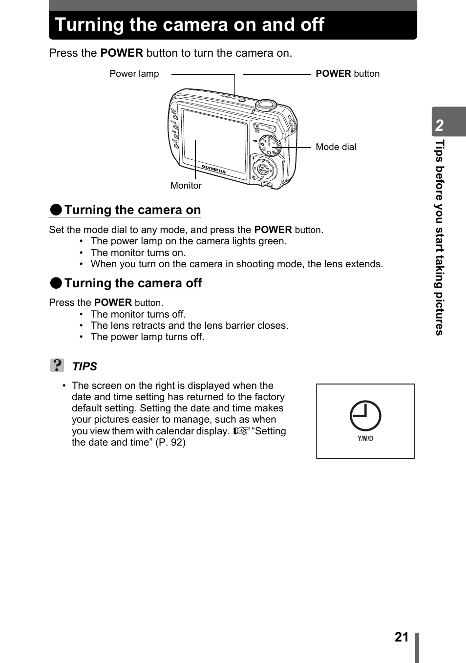Turning the camera on and off | Olympus Stylus 800 Digital User Manual | Page 21 / 166