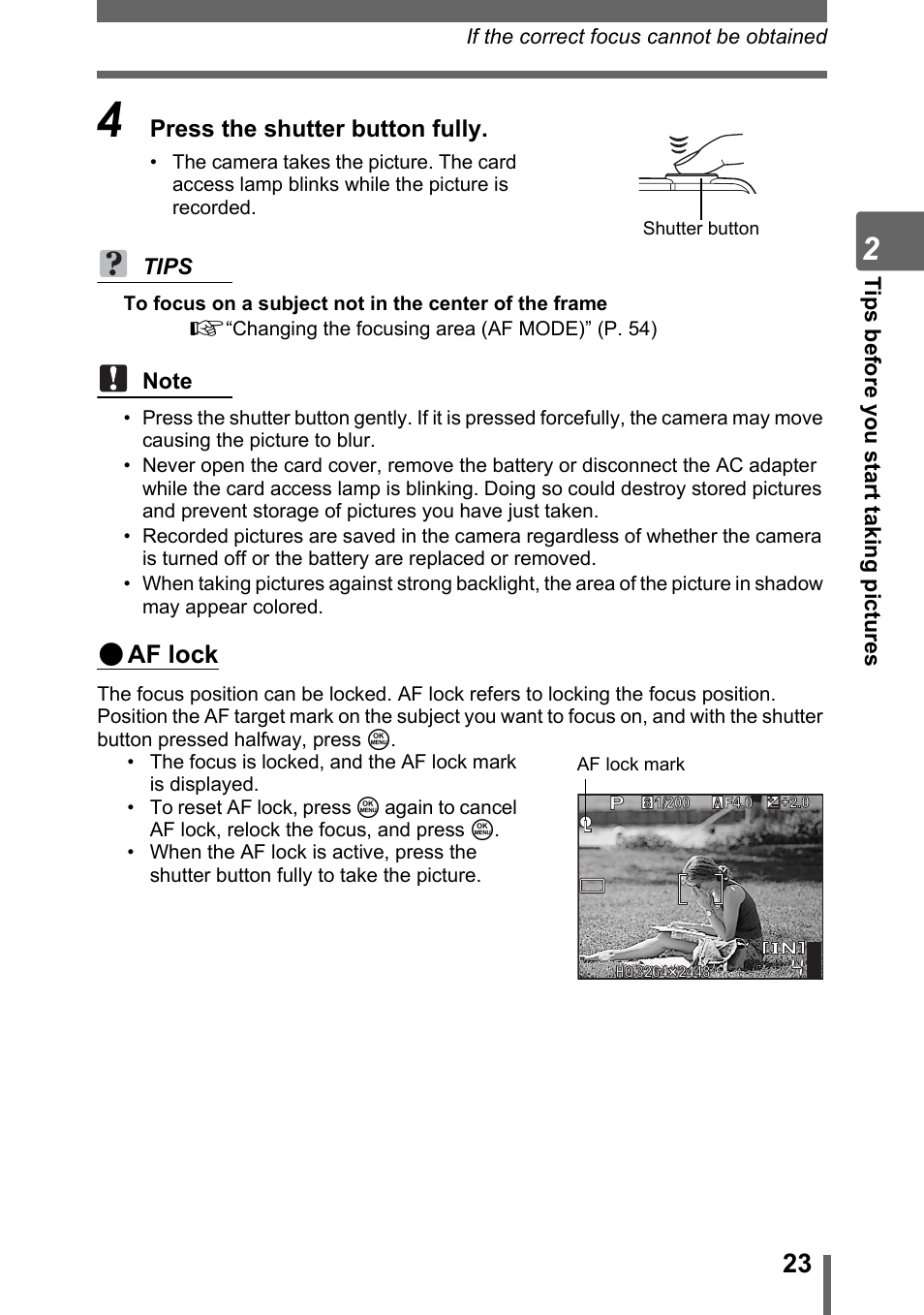 Af lock | Olympus Stylus 800 Digital User Manual | Page 23 / 166