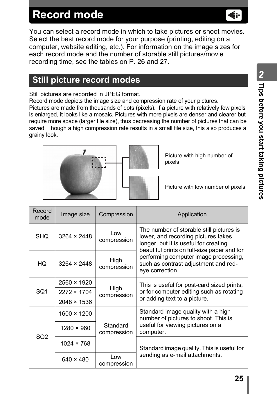Record mode, Still picture record modes, Gp. 25 | Olympus Stylus 800 Digital User Manual | Page 25 / 166