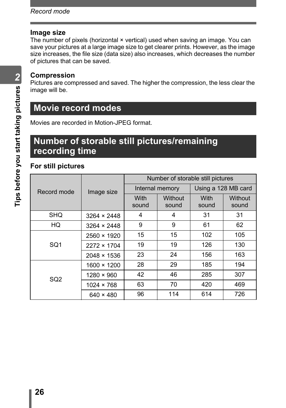 Movie record modes | Olympus Stylus 800 Digital User Manual | Page 26 / 166