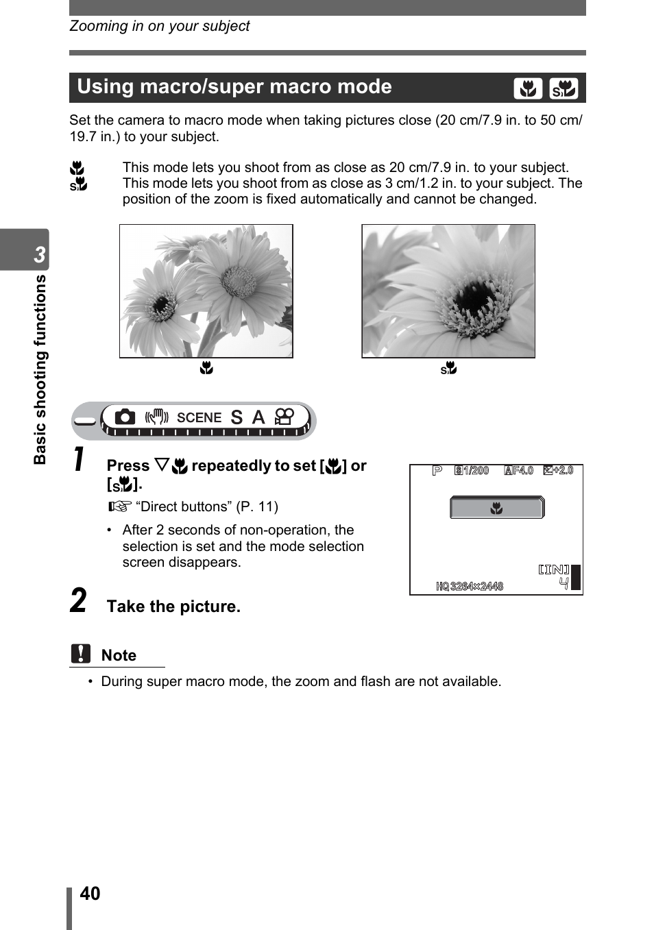 Using macro/super macro mode, P. 40 | Olympus Stylus 800 Digital User Manual | Page 40 / 166