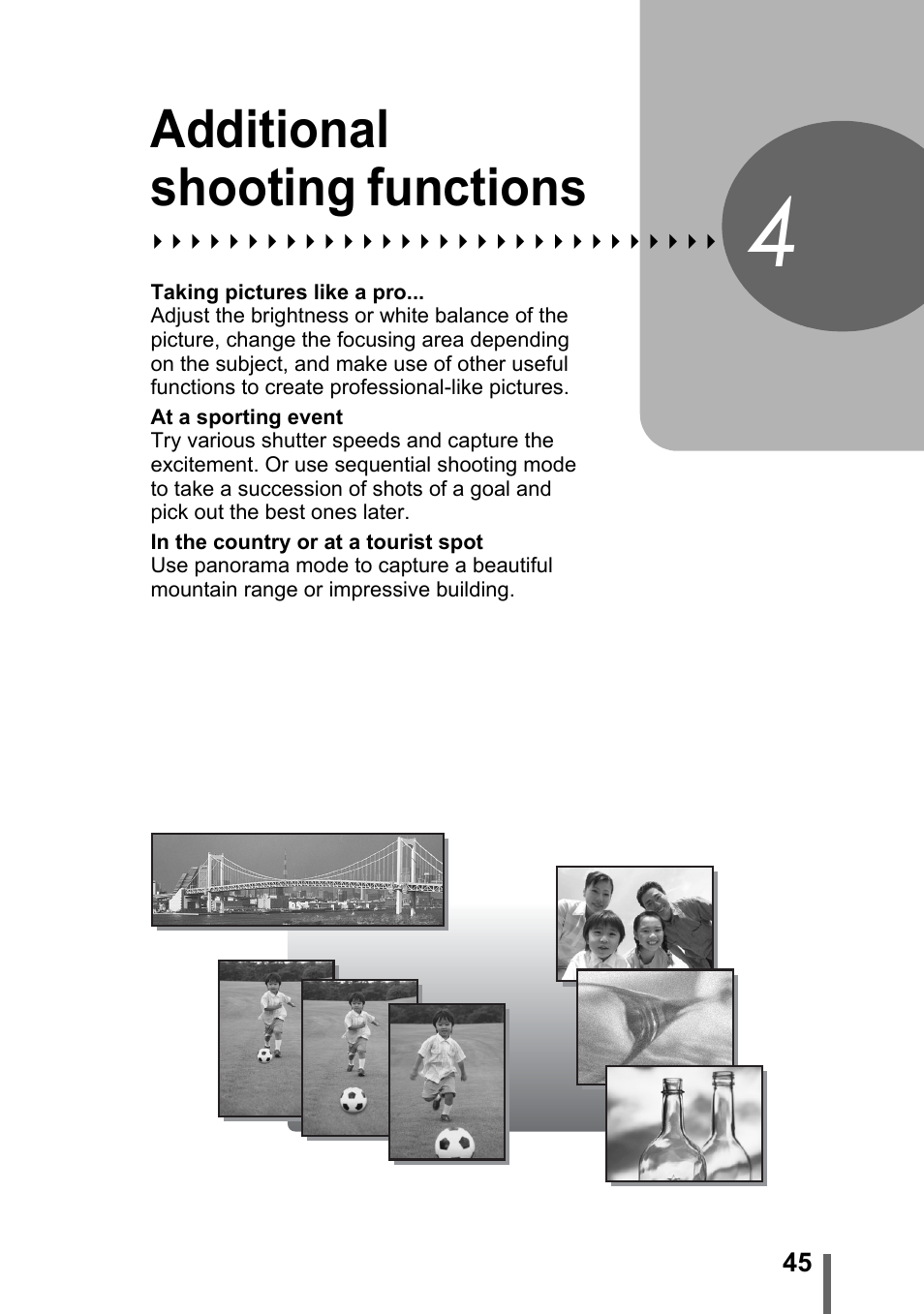 4 additional shooting functions, Additional shooting, Functions | P. 45, Additional shooting functions | Olympus Stylus 800 Digital User Manual | Page 45 / 166