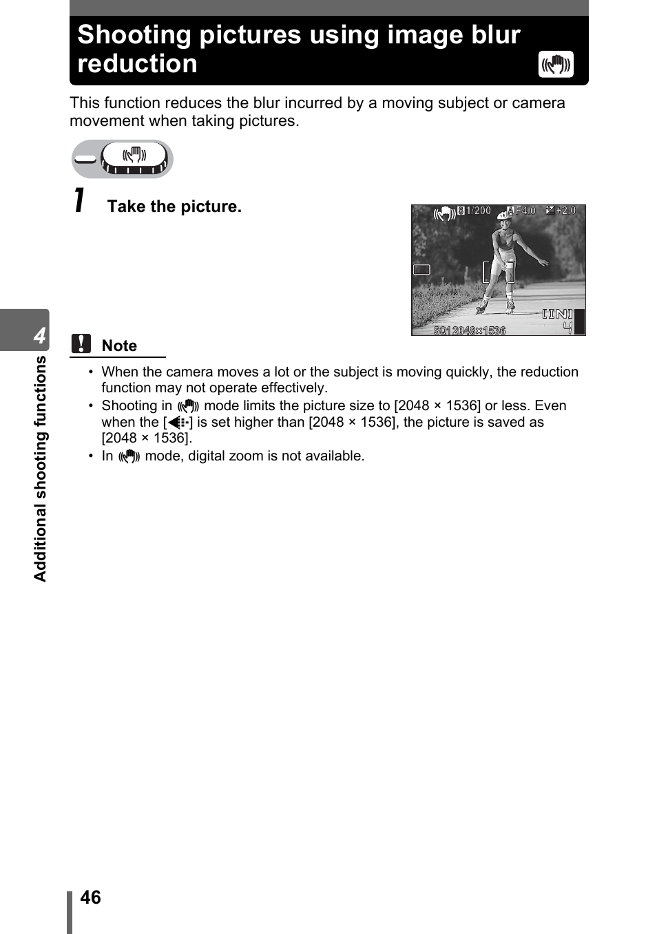 Shooting pictures using image blur reduction, G“shooting pictures, Using image blur reduction” (p. 46) | Olympus Stylus 800 Digital User Manual | Page 46 / 166
