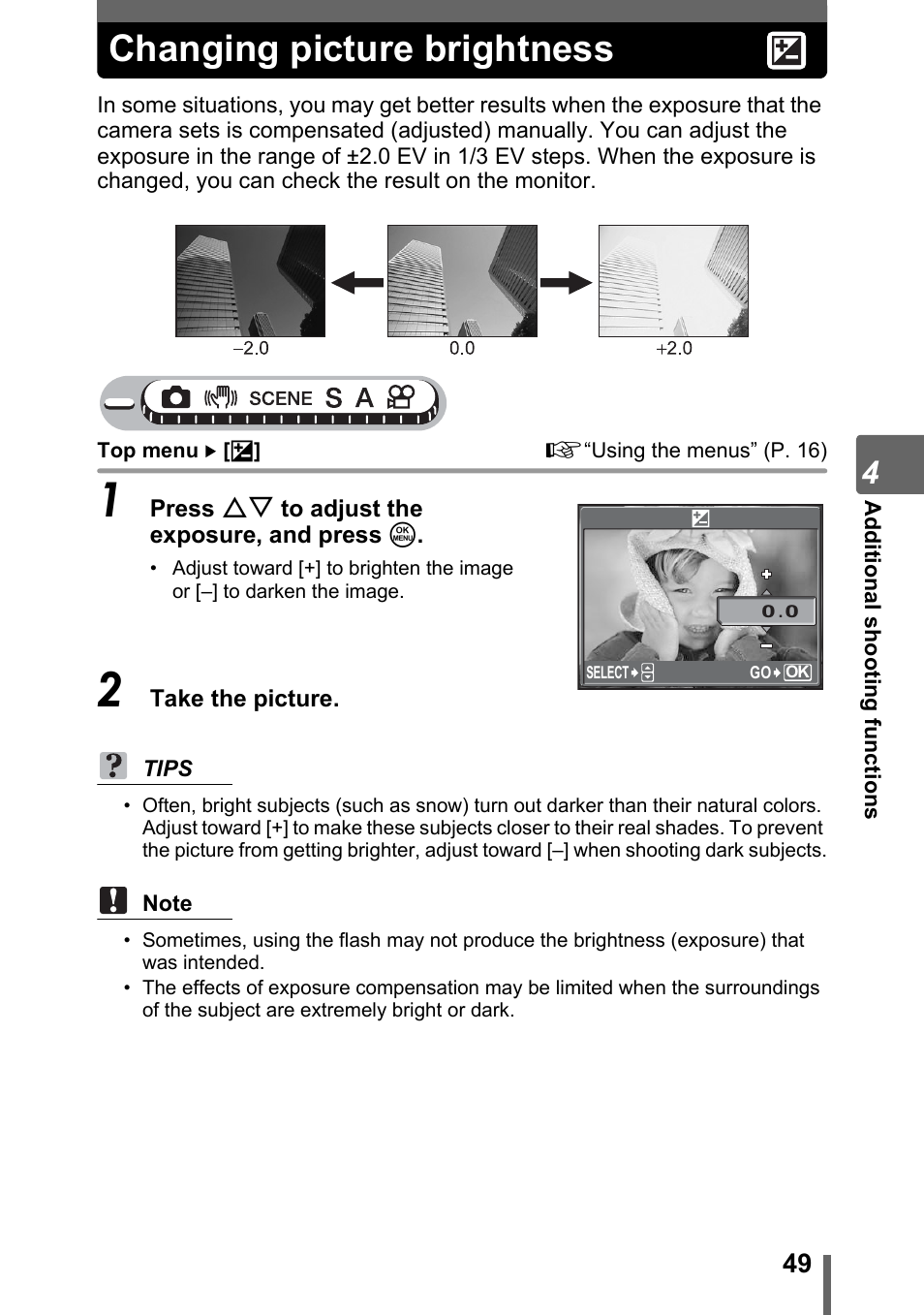 Changing picture brightness, Gp. 49 | Olympus Stylus 800 Digital User Manual | Page 49 / 166