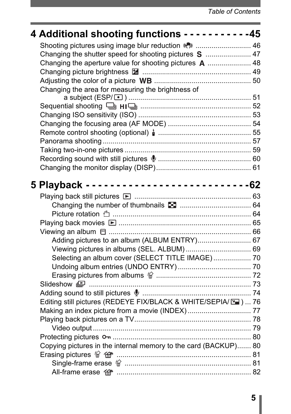 4 additional shooting functions, 5 playback | Olympus Stylus 800 Digital User Manual | Page 5 / 166