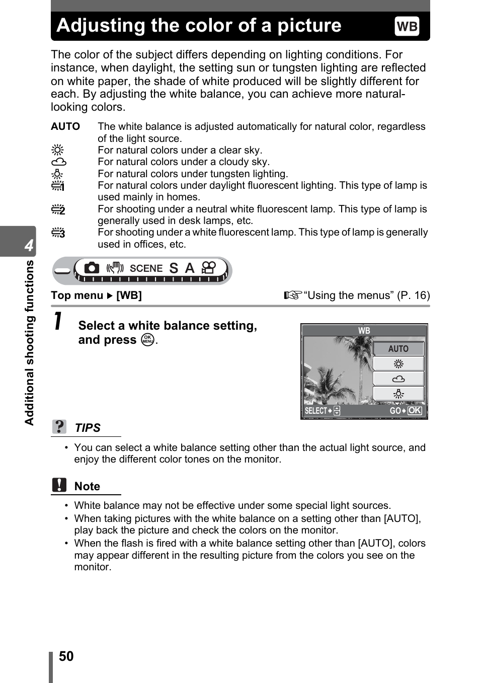 Adjusting the color of a picture, Gp. 50 | Olympus Stylus 800 Digital User Manual | Page 50 / 166