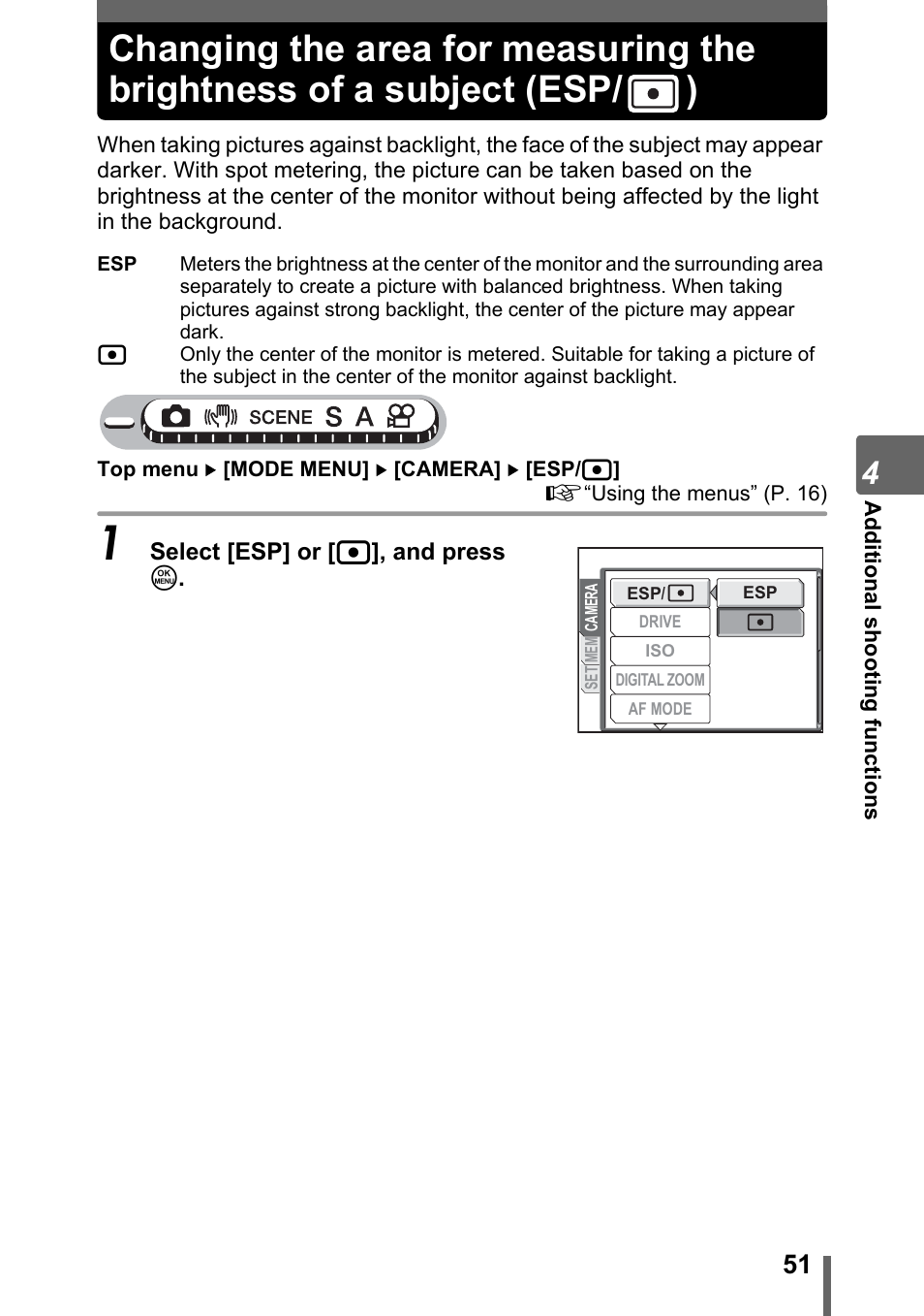 Changing the area for measuring the brightness of, A subject (esp | Olympus Stylus 800 Digital User Manual | Page 51 / 166
