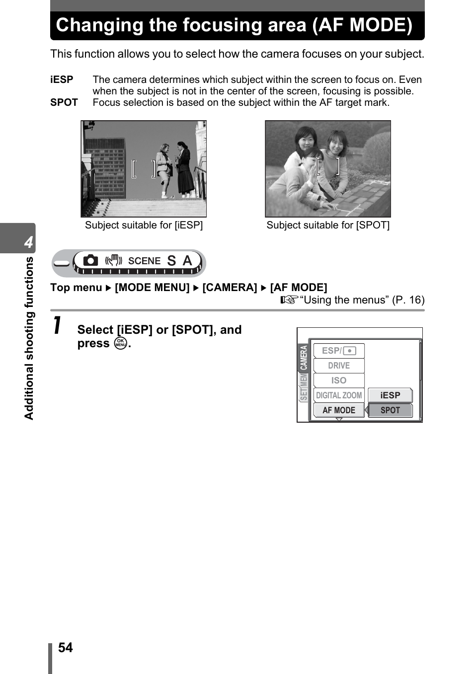 Changing the focusing area (af mode) | Olympus Stylus 800 Digital User Manual | Page 54 / 166