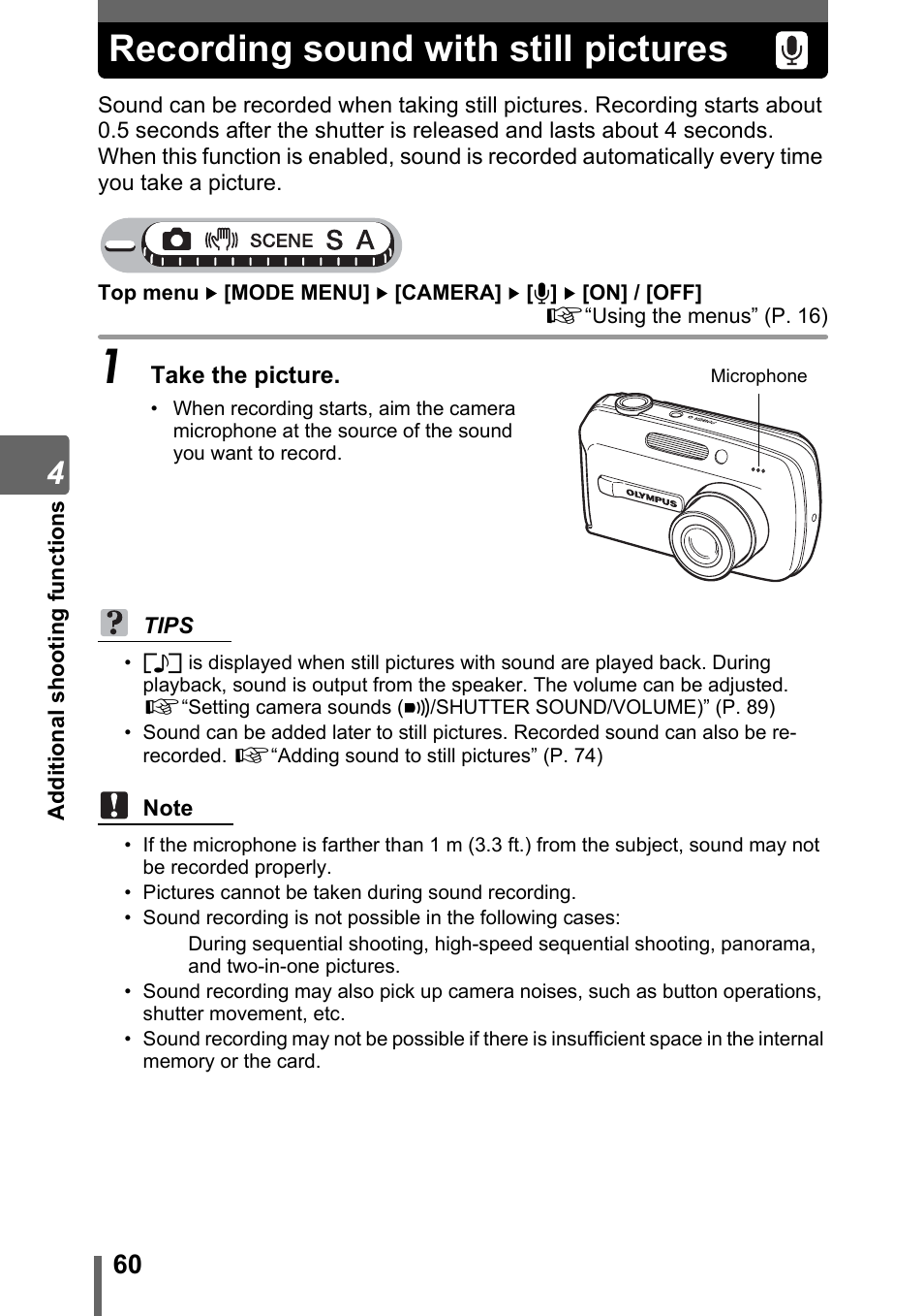 Recording sound with still pictures | Olympus Stylus 800 Digital User Manual | Page 60 / 166