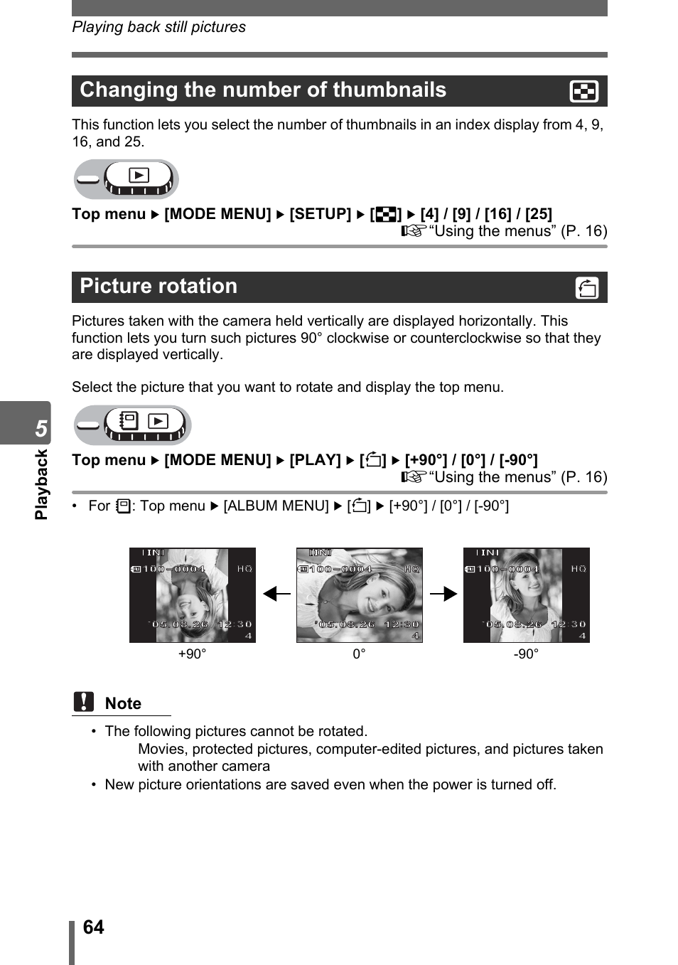 Changing the number of thumbnails, Picture rotation, Changing the number of thumbnails picture rotation | Pl ay back, Playing back still pictures | Olympus Stylus 800 Digital User Manual | Page 64 / 166