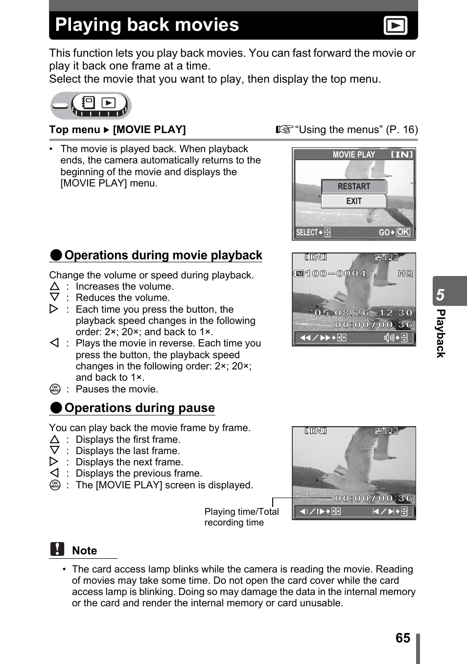 Playing back movies, P. 65, Operations during movie playback | Operations during pause | Olympus Stylus 800 Digital User Manual | Page 65 / 166