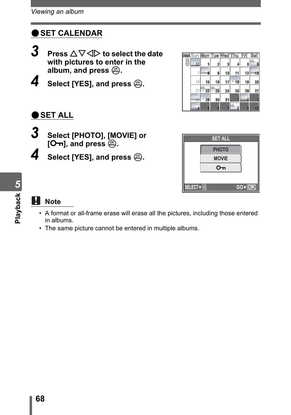 Set calendar, Set all, Select [yes], and press z | Select [photo], [movie] or [ 0 ], and press z, Pl ay back, Viewing an album | Olympus Stylus 800 Digital User Manual | Page 68 / 166