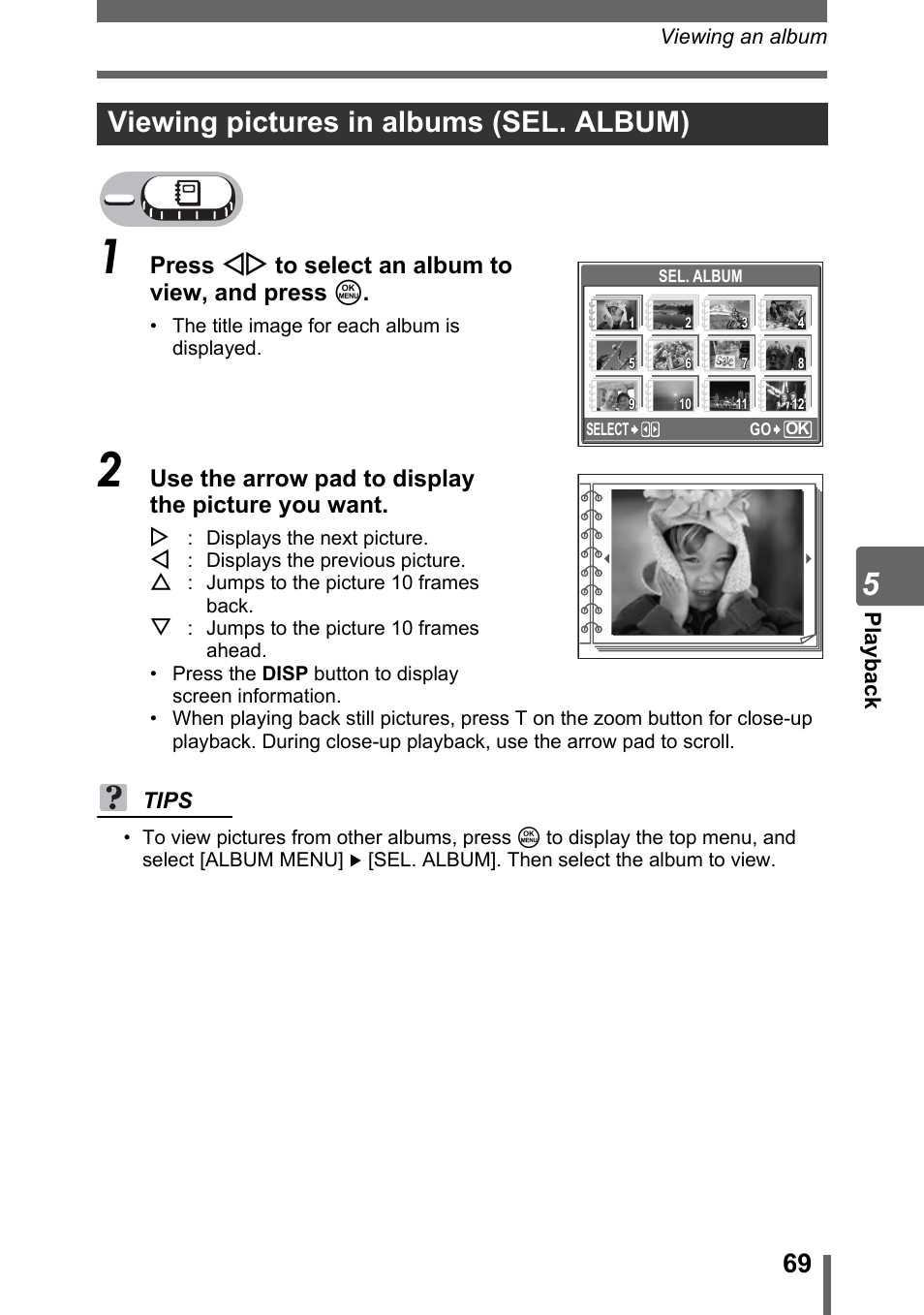 Viewing pictures in albums (sel. album), P. 69, Press xy to select an album to view, and press z | Use the arrow pad to display the picture you want | Olympus Stylus 800 Digital User Manual | Page 69 / 166