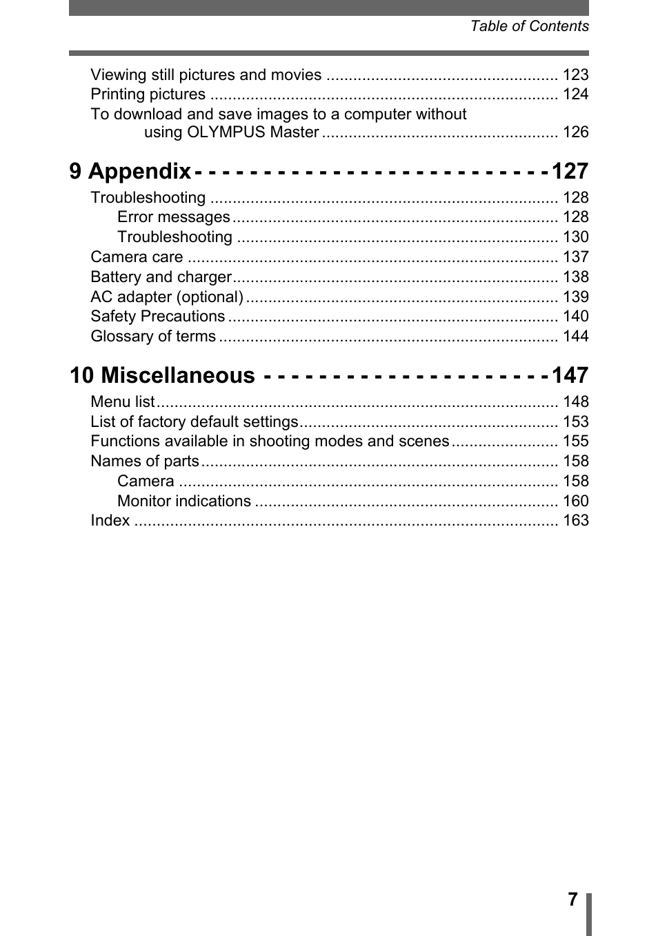 9 appendix, 10 miscellaneous | Olympus Stylus 800 Digital User Manual | Page 7 / 166