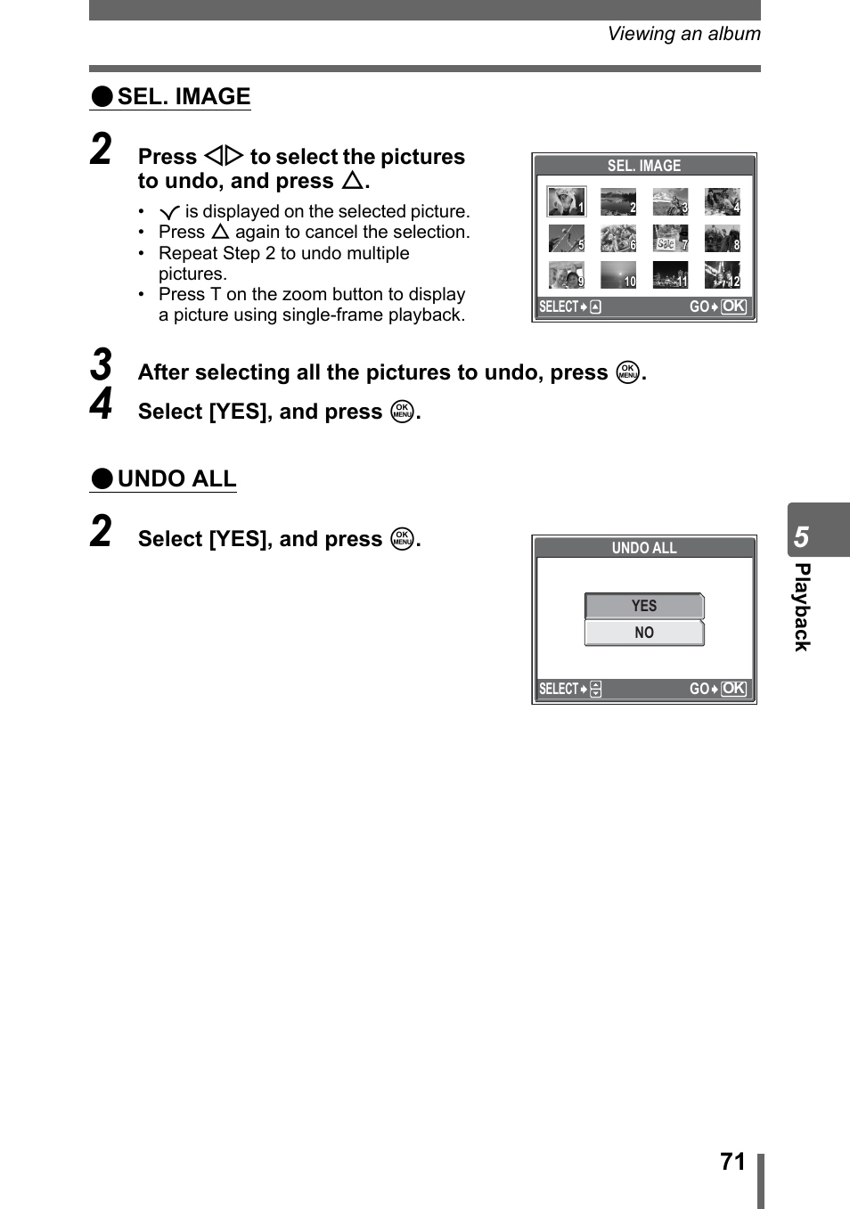 Sel. image, Undo all | Olympus Stylus 800 Digital User Manual | Page 71 / 166