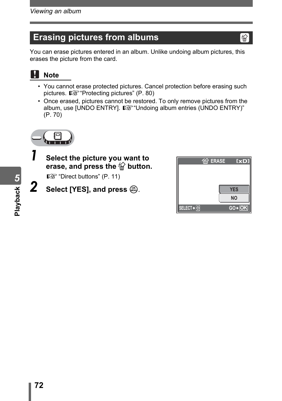 Erasing pictures from albums, P. 72 | Olympus Stylus 800 Digital User Manual | Page 72 / 166