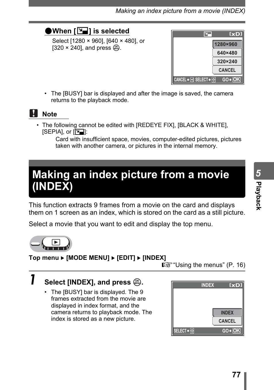 Making an index picture from a movie (index) | Olympus Stylus 800 Digital User Manual | Page 77 / 166