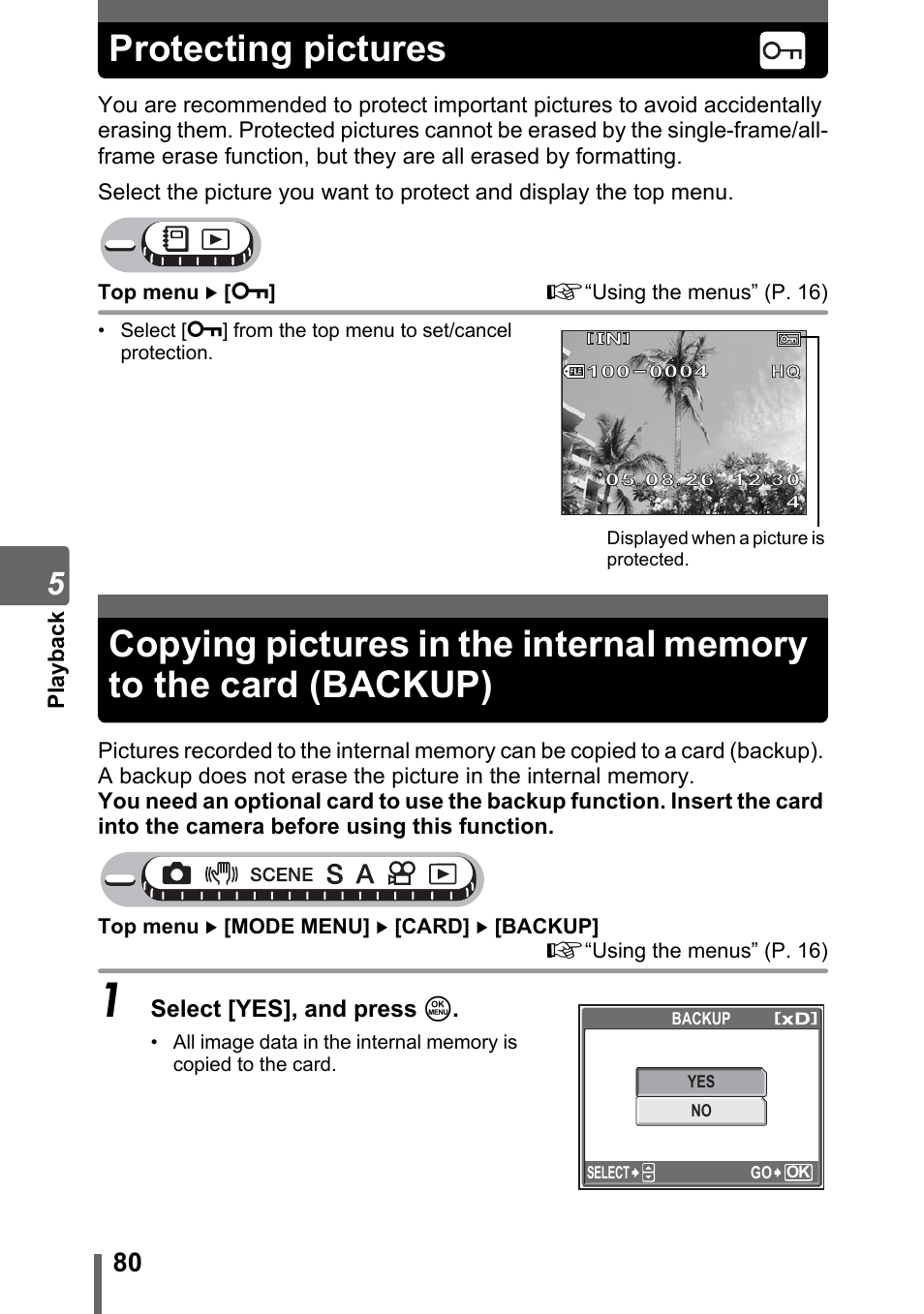 Protecting pictures, Gp. 80, P. 80 | Protecting pictures” (p. 80) | Olympus Stylus 800 Digital User Manual | Page 80 / 166