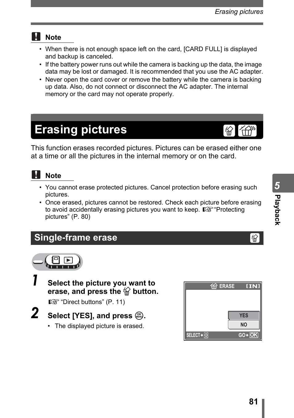 Erasing pictures, Single-frame erase | Olympus Stylus 800 Digital User Manual | Page 81 / 166