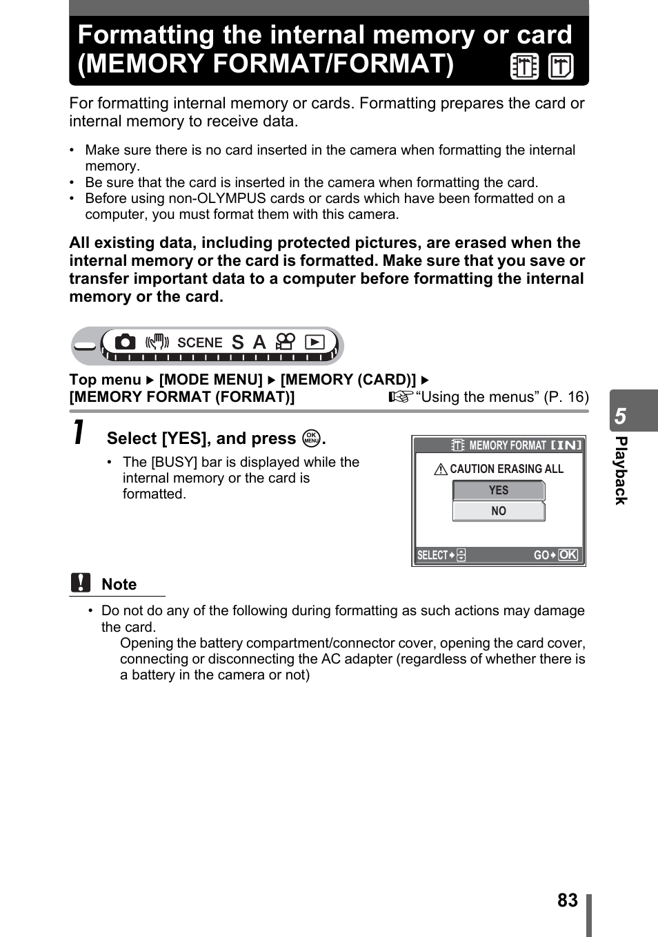 Formatting the internal memory or card, Memory format/format), P. 83) | Olympus Stylus 800 Digital User Manual | Page 83 / 166